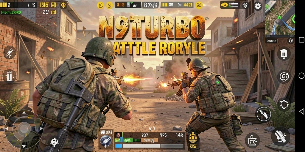 Screenshot dari gameplay N9TURBO yang menampilkan pertempuran seru dalam mode Battle Royale.