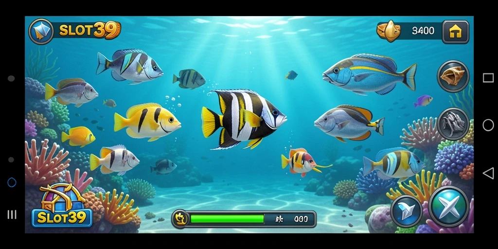 Screenshot SLOT39 menampilkan pemain menangkap ikan berwarna-warni di dunia bawah laut.